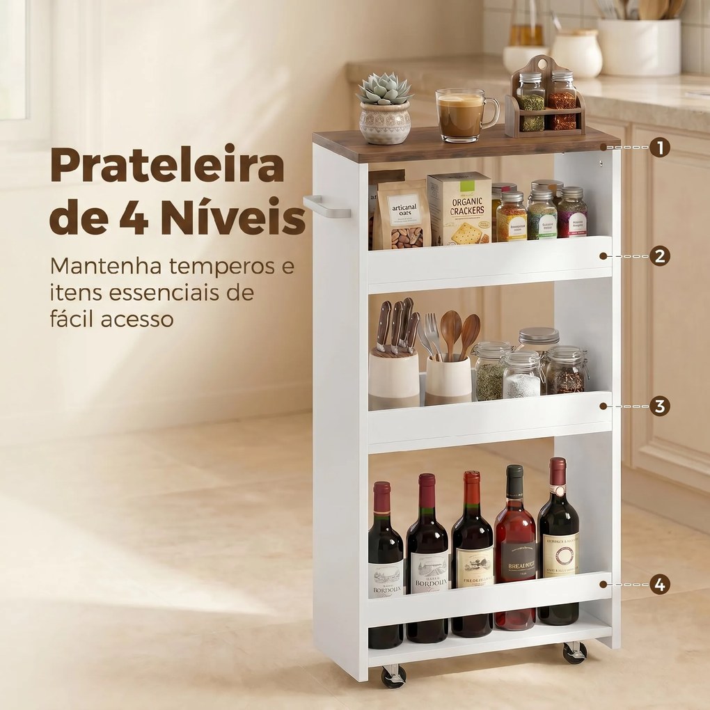 Carrinho de Cozinha Estreito de 3 Níveis com Rodas para Espaços Reduzidos, Sala de Jantar ou Sala, Branco