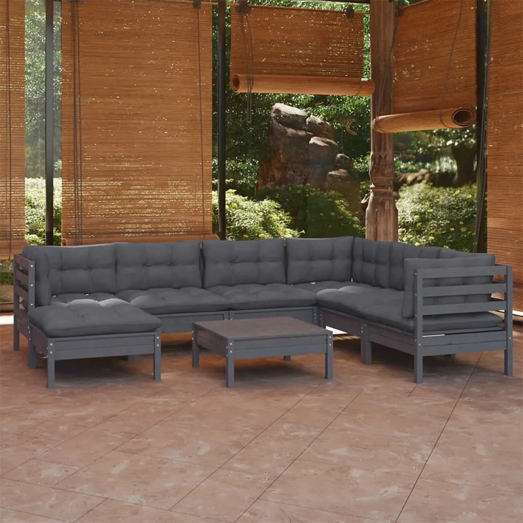 vidaXL 8 pcs conjunto lounge de jardim + almofadões pinho maciço cinza
