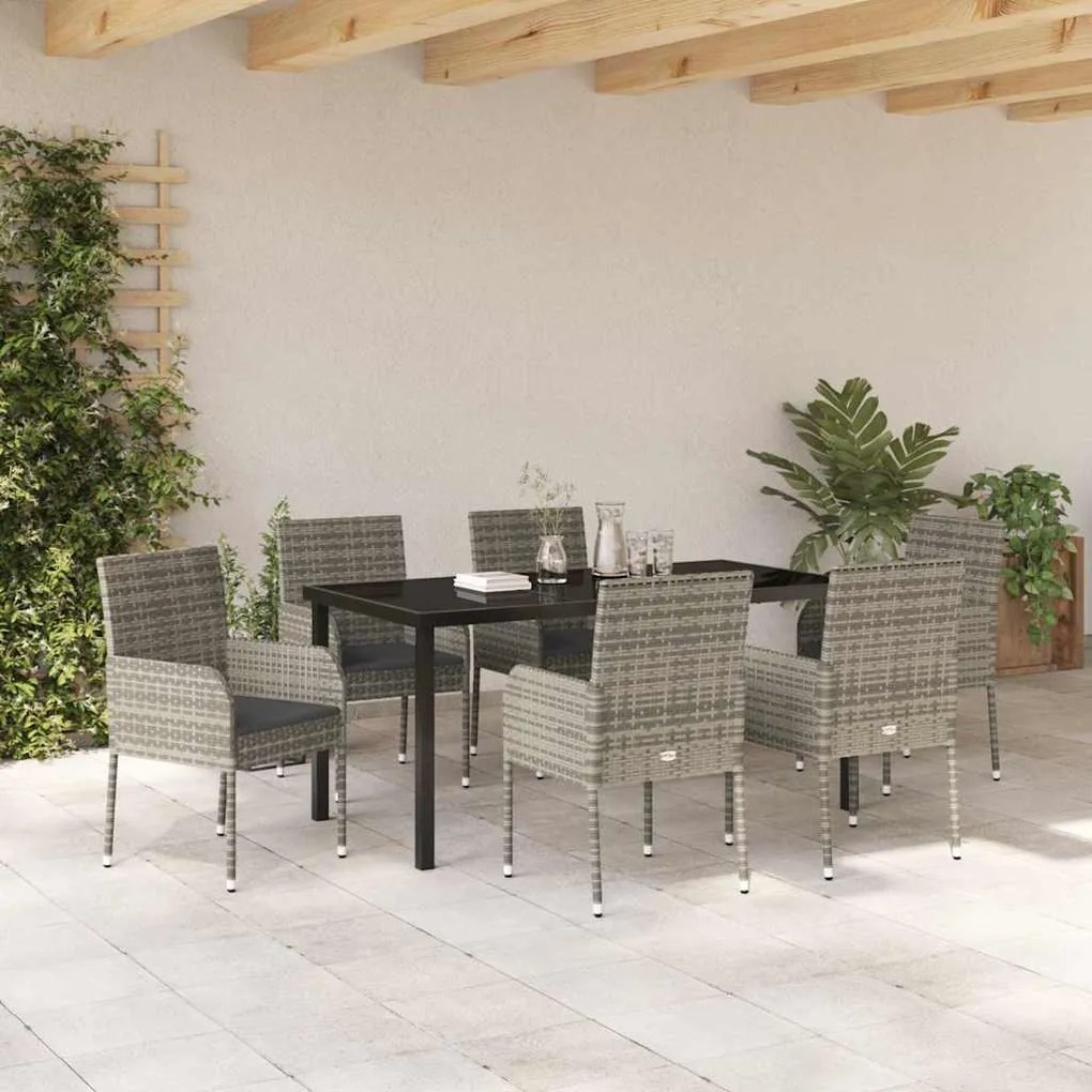 Conjunto de Jantar de Jardim com 7 Peças e Almofadas Cinza em Rattan S