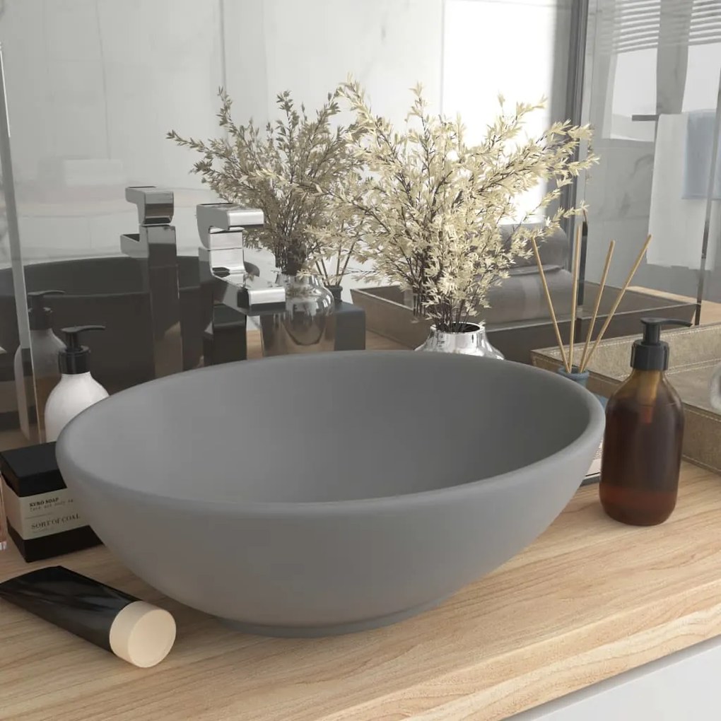 146927 vidaXL Lavatório luxuoso oval 40x33cm cerâmica cinzento-claro mate