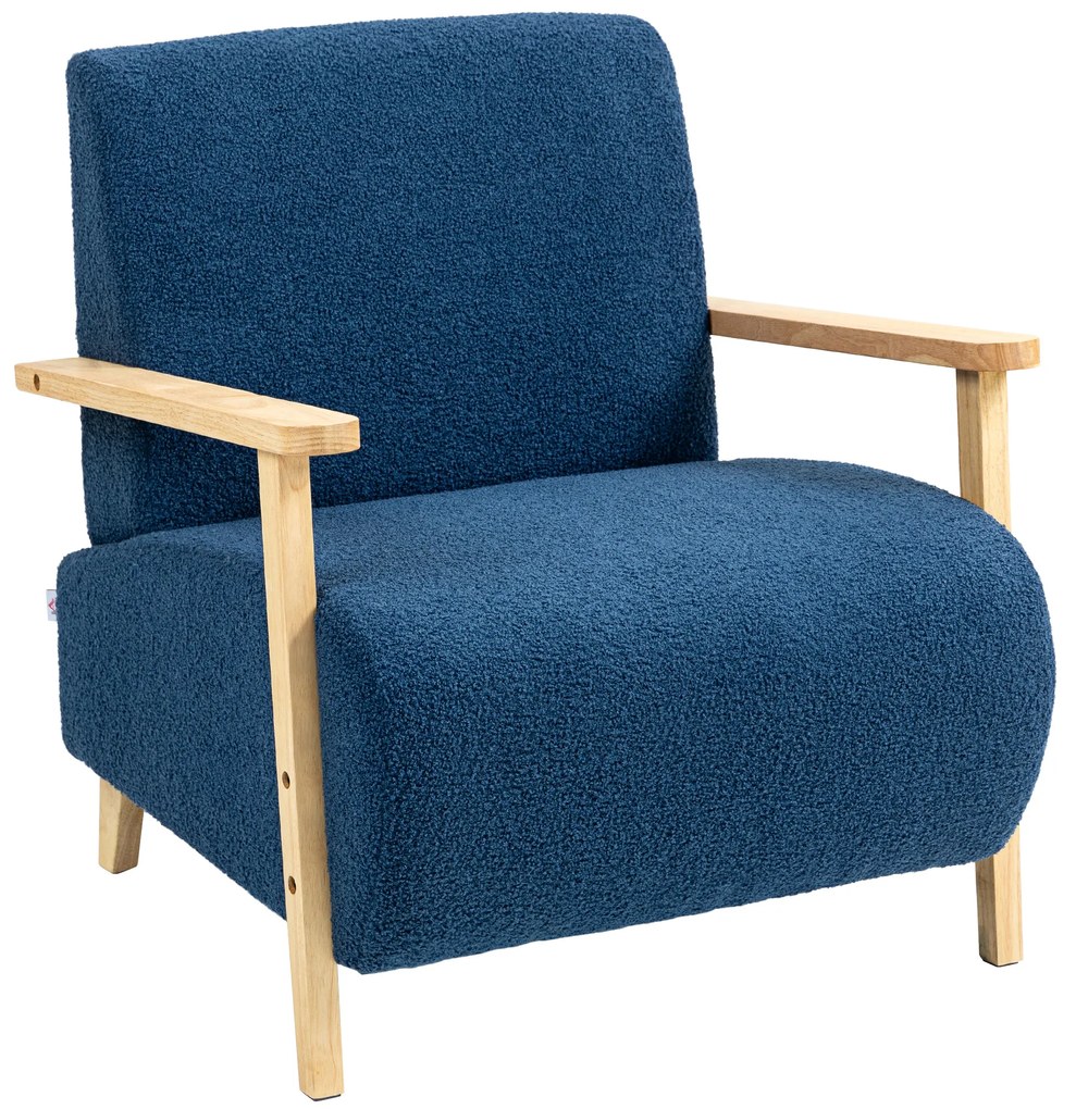 HOMCOM Poltrona Nórdica Poltrona Sala de Estar Estofada em Borrego com Apoio para os Braços de Madeira  74,5x76x78 cm Azul | Aosom Portugal