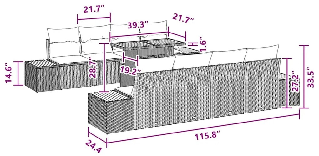 Conjunto de jantar de 9 peças pra jardim com almofadas de rattan