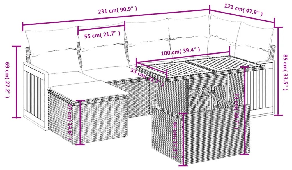 7 pcs conjunto de sofás p/ jardim com almofadões vime PE bege