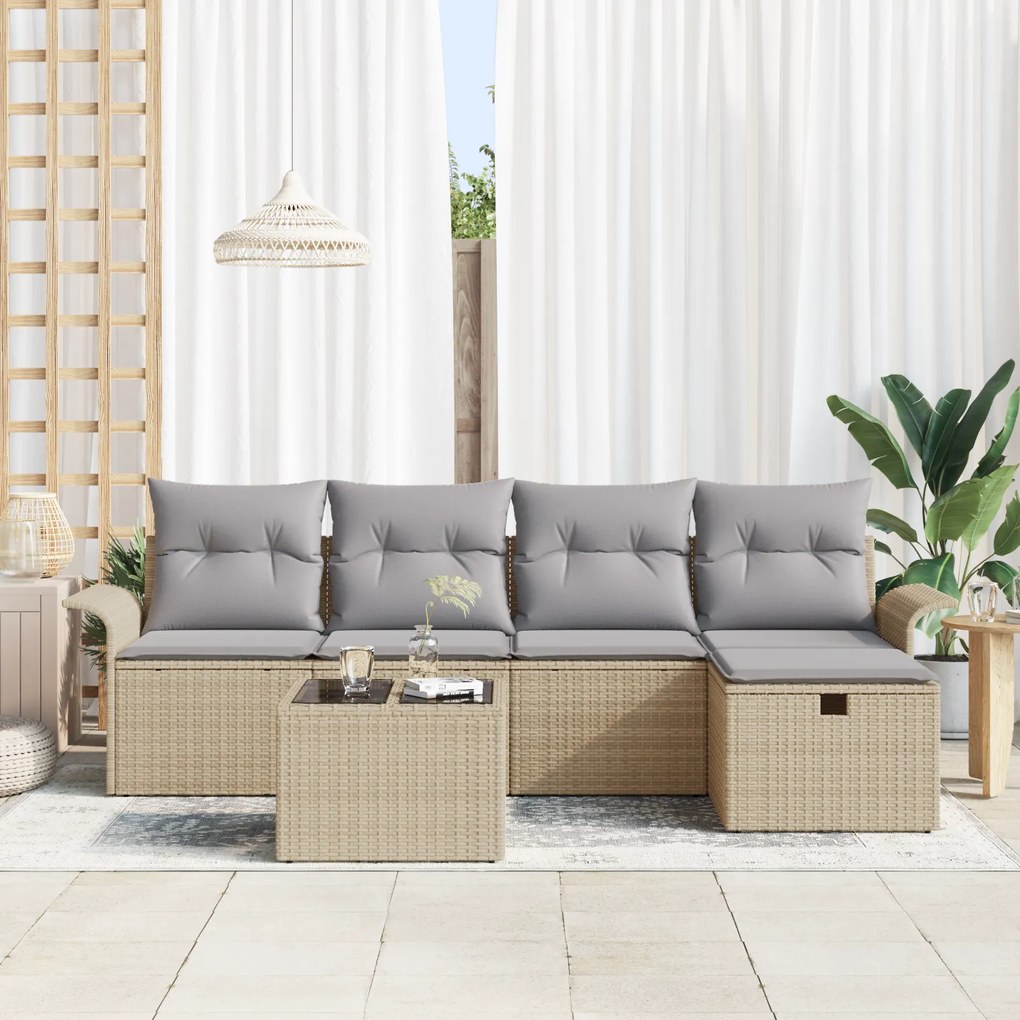 Conjunto de Sofá de Jardim de 6 Peças com Almofadas Bege Vime Sintétic
