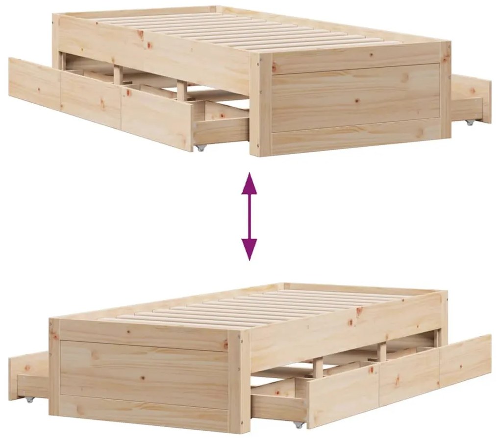 Cama sem colchão com gavetas 75x190 cm madeira de pinho maciça