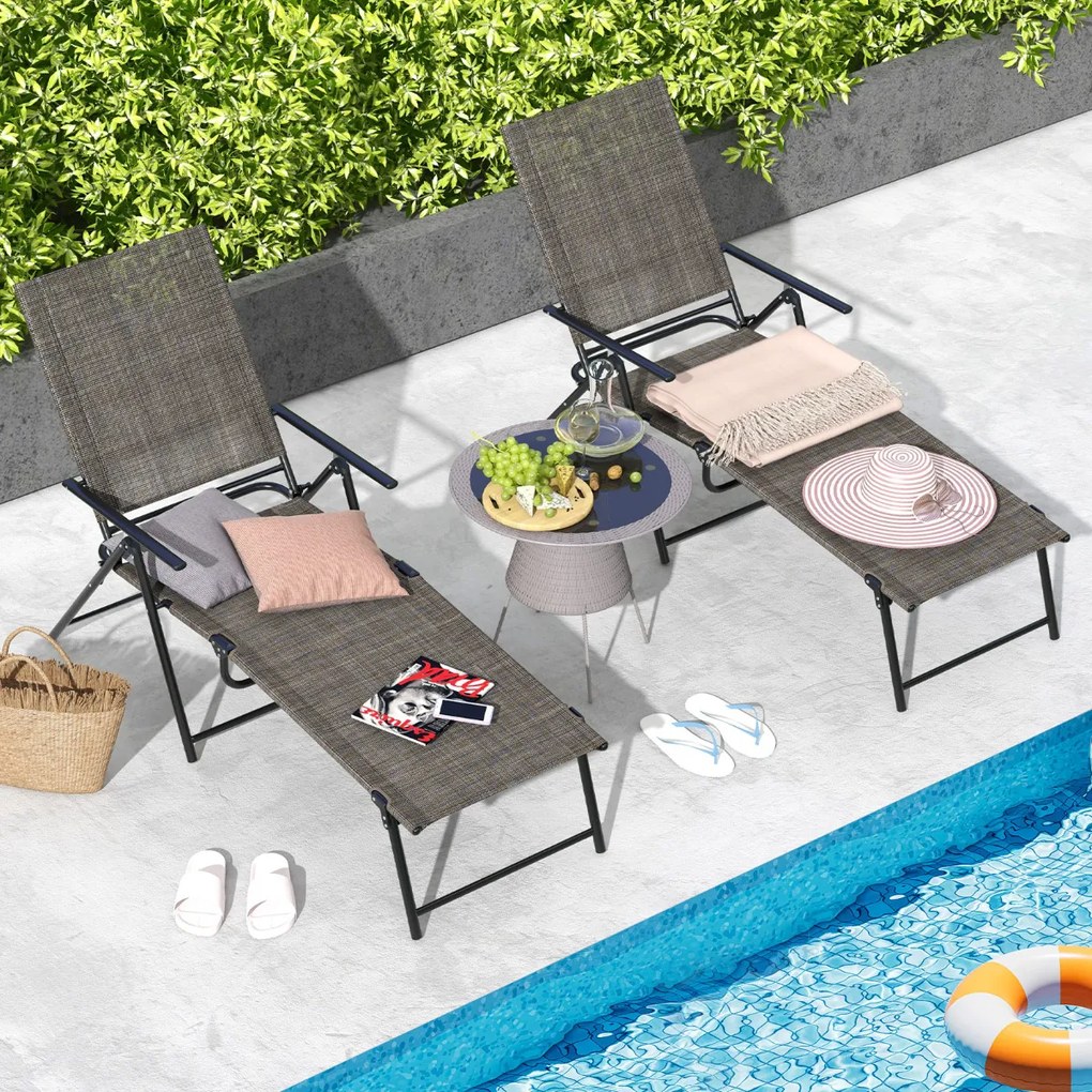 Conjunto de 2 espreguiçadeiras jardim dobráveis com encosto de 6 níveis Assento respirável Estrutura metálica em tecido 189 x 64 x 102 cm Castanho