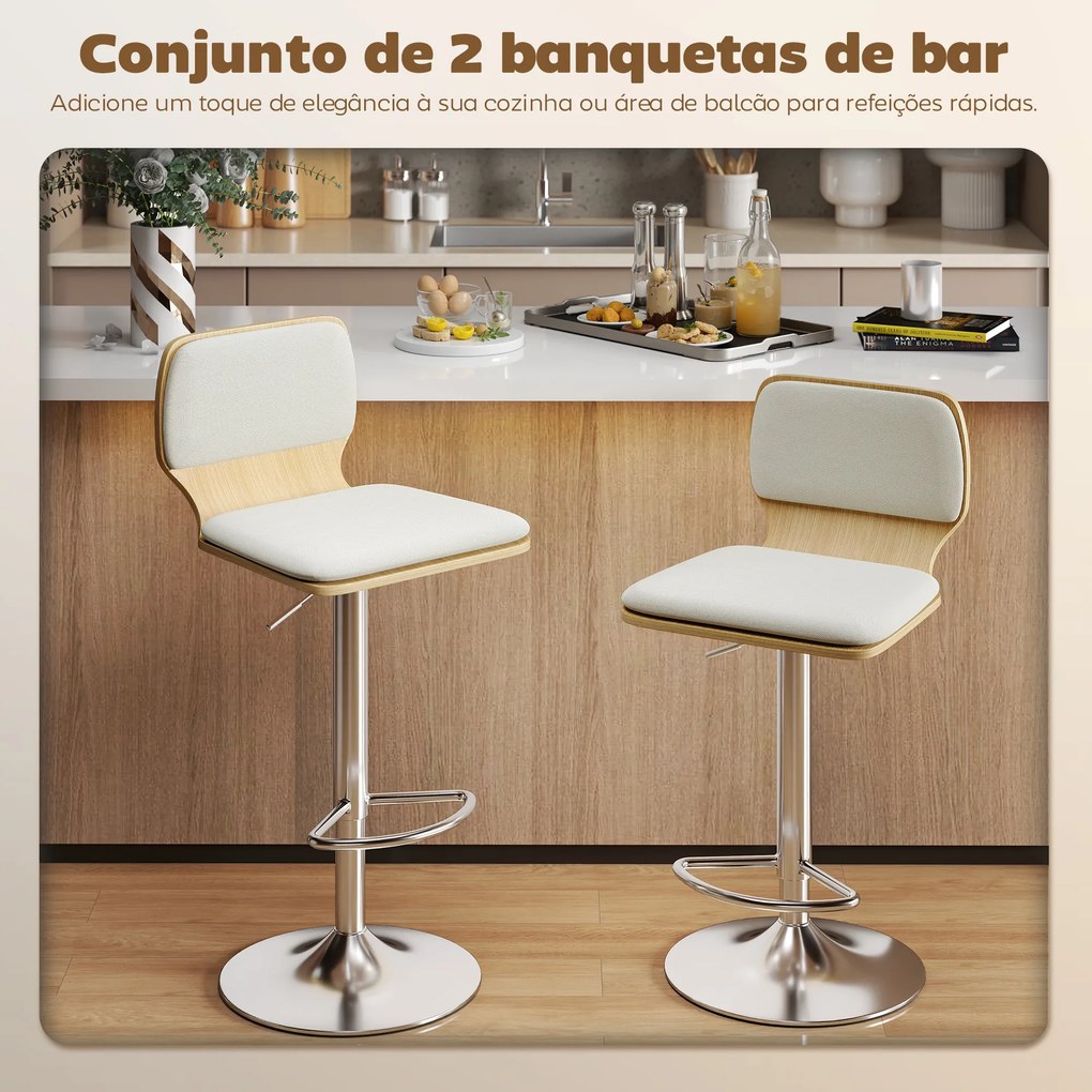 Conjunto de 2 Bancos de Bar Giratórios com Altura Ajustável Estofados em Tecido Tipo Linho com Base em Aço 41x47,5x81-102 cm  Bege