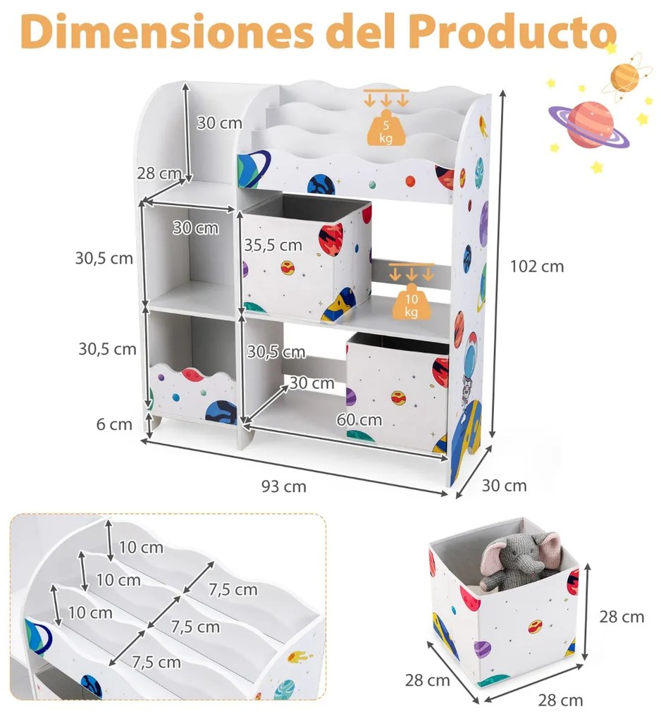 Armário organizador para crianças com 3 níveis 5 compartimentos e 2 gavetas para brinquedos em tecido 93 x 30 x 102 cm Tema Astronauta branco