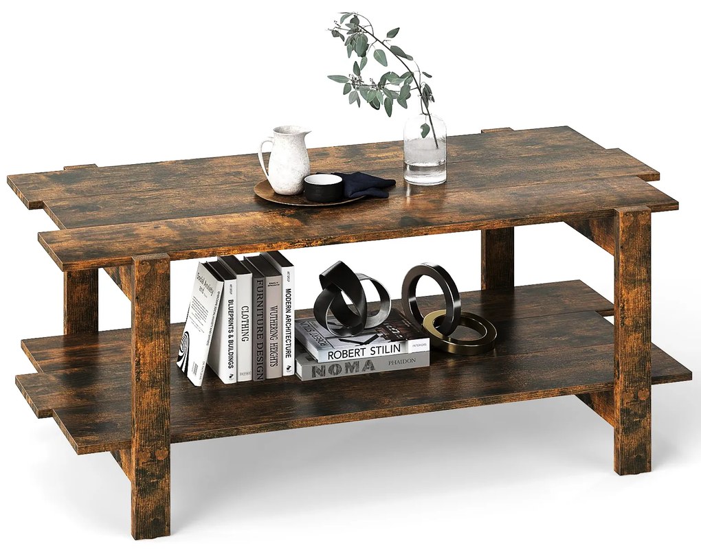 Mesa de centro de madeira com ripas de 2 níveis e prateleira de armazenamento, mesa de coquetel com capacidade para 120 kg, preta