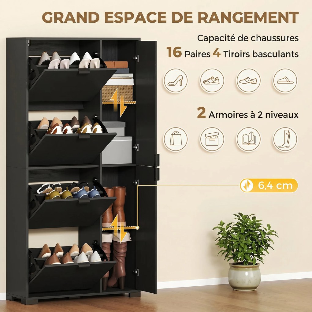 Sapateira, Armário para Sapatos, 82 x 30 x 168 cm, 2 Portas Espelhadas, Preto