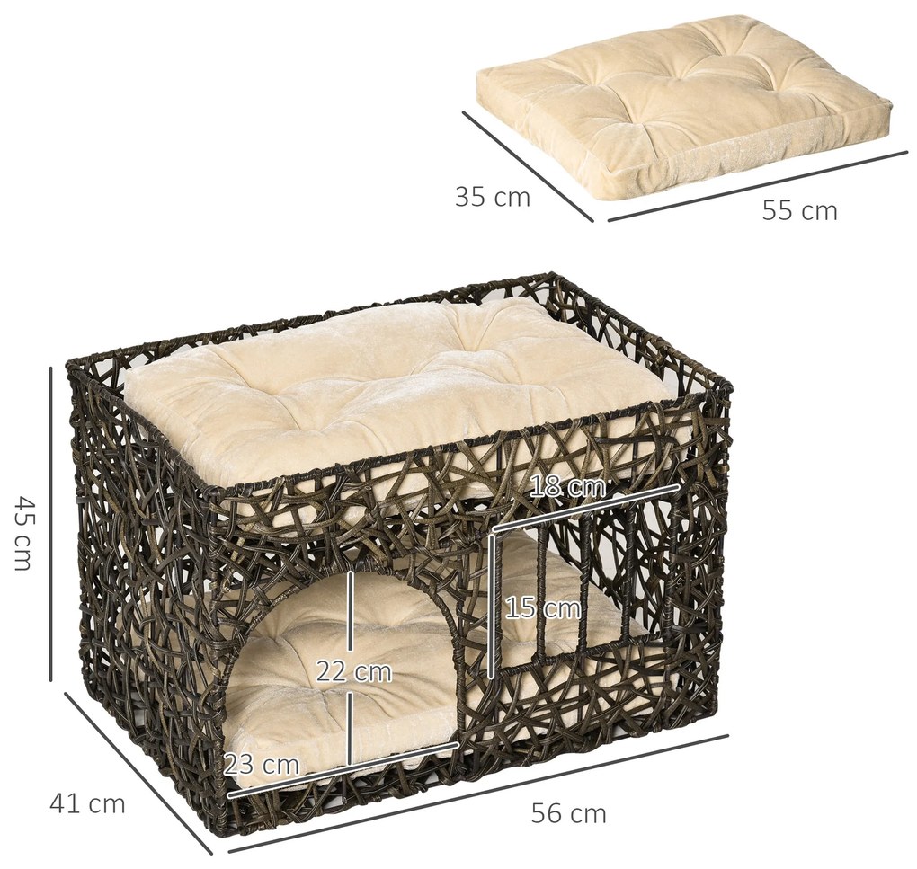 Cesta de Vime para Gatos de 2 Alturas Cama Caverna de Gatos com 2 Almofadas Suaves e Janela 56x41x45cm Café Escuro