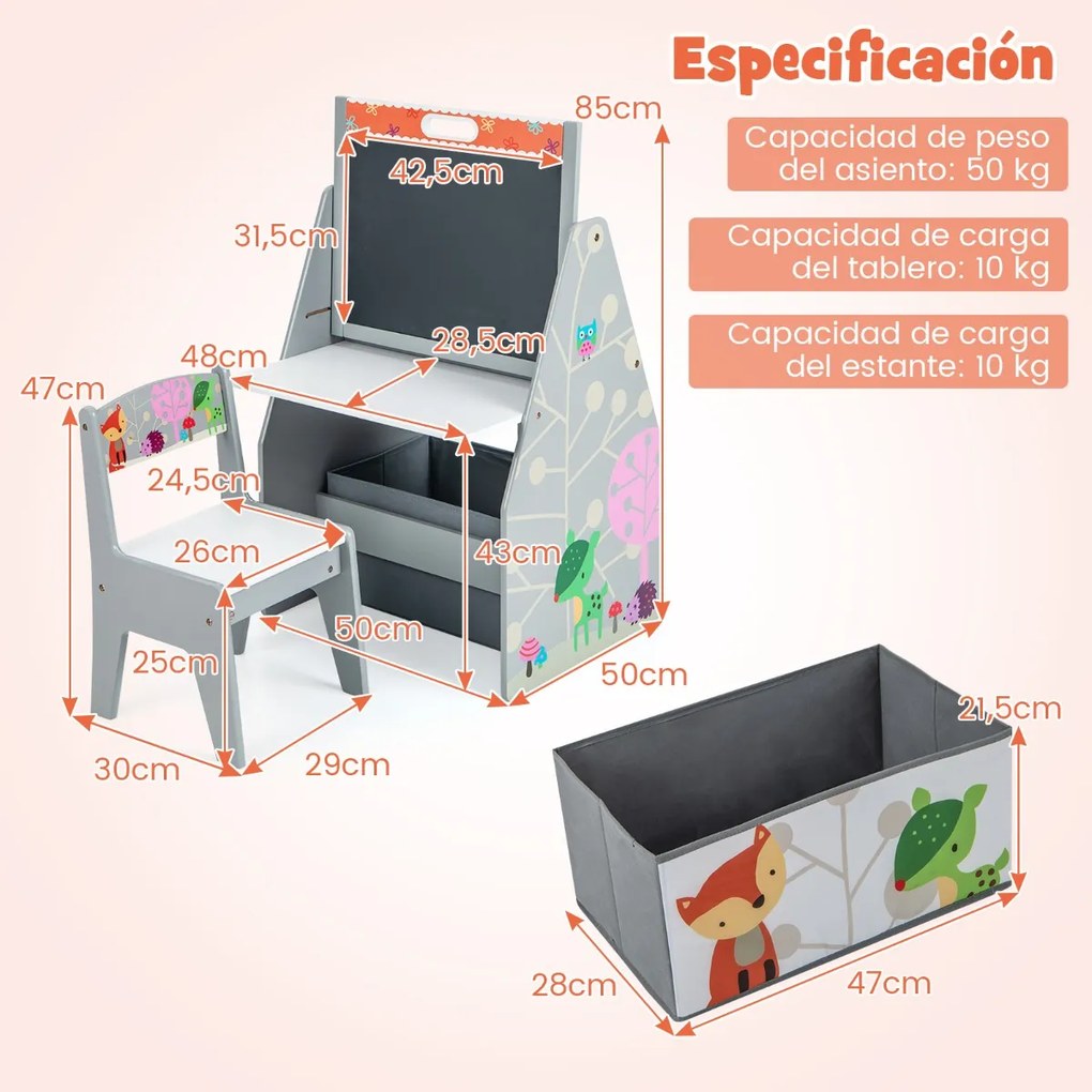 Conjunto de mesa e cadeira para crianças com 2 caixas de tecido removíveis, quadros magnéticos e quadro branco para brincar e desenhar Cinzento