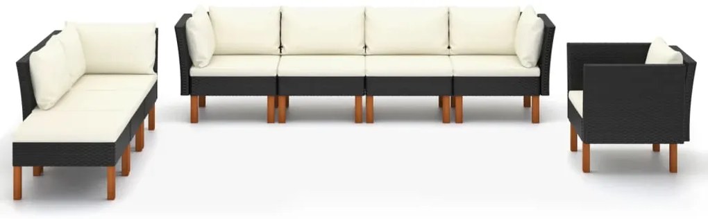 8 pcs conj. lounge jardim vime PE e madeira de eucalipto preto