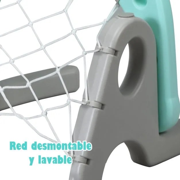 Cesto de basquetebol e futebol em forma de urso Centro de actividades 3 em 1 para crianças 54 x 49 x 133-158 cm Turquesa e cinza