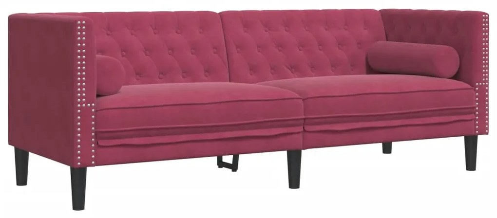 2 pcs conj. sofás chesterfield com rolos veludo vermelho-tinto