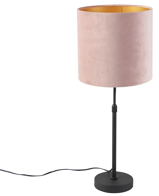 Candeeiro de mesa preto com cúpula em veludo rosa com dourado 25 cm - Parte Clássico / Antigo
