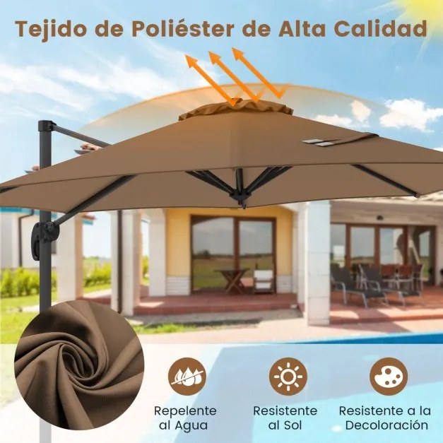 Guarda-sol redondo jardim 294 x 247 cm Guarda-sol suspenso com rotação de 360° Base cruzada 5 inclinações ajustáveis Castanho