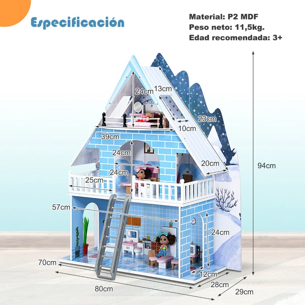 asa de Bonecas de Madeira Casa de Brinquedos com 3 Pisos 15 Móveis e 3 Bonecas Dispositivo Antitombo Materiais Seguros para Crianças +3 Anos