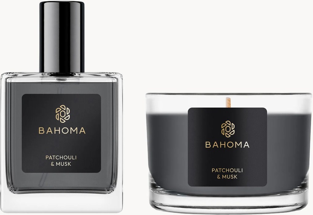 Ambientador em spray e vela perfumada Patchouli & Musk, conjunto de 2 (flor de laranjeira, acordes cítricos)