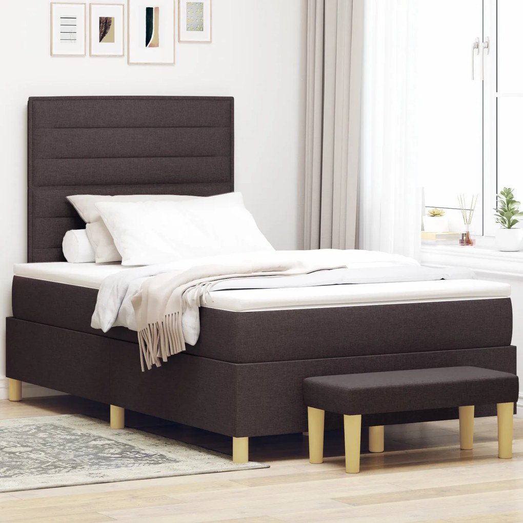 Cama Box Spring com Colchão e Banco Castanho Escuro 120x200 cm Tecido