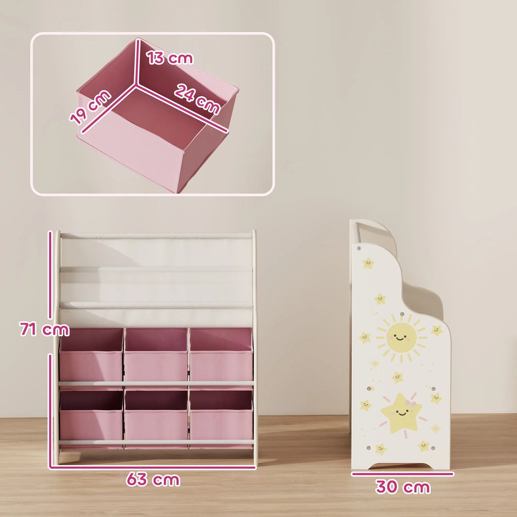 Estante Infantil para Brinquedos com 6 Caixas de Tecido Não Tecido Organizador de Brinquedos com 2 Prateleiras 63x30x71 cm Rosa