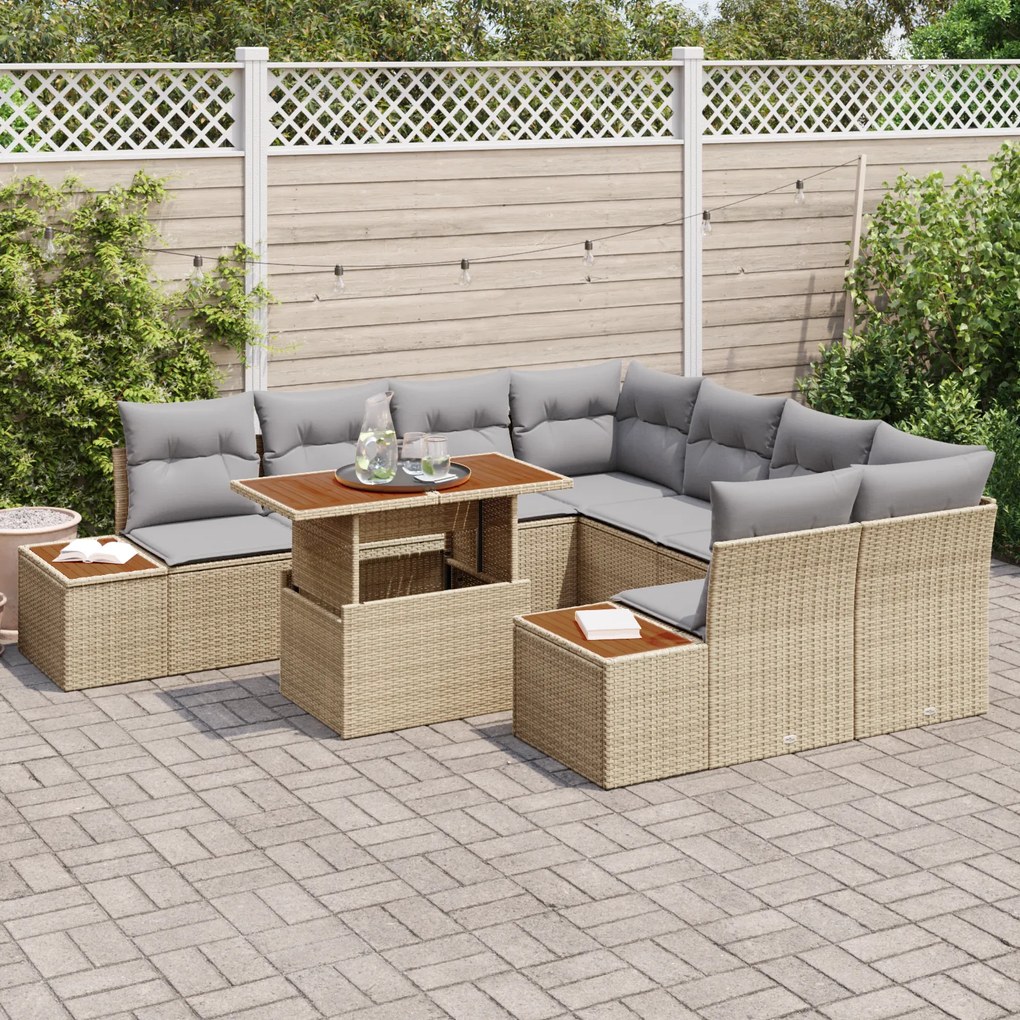 Conjunto de Sofás de Jardim 9 Peças com Almofadas Bege Vime Poly