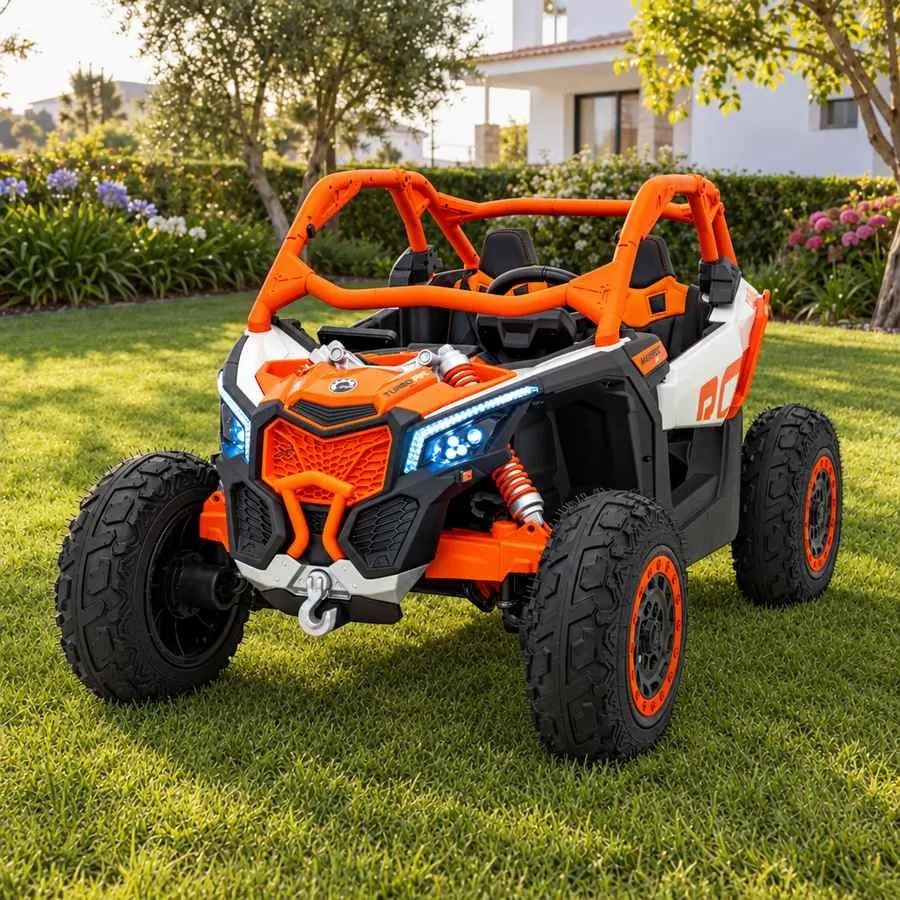 Carro elétrico para Crianças 2 Lugares 24V CAM-AM Buggy Maverick Turbo RR STRONG Motor 320 W, Rodas AR bombeado, assento couro ecológico Laranja