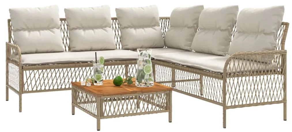 2 pcs conjunto de sofás p/ jardim com almofadões vime PE bege