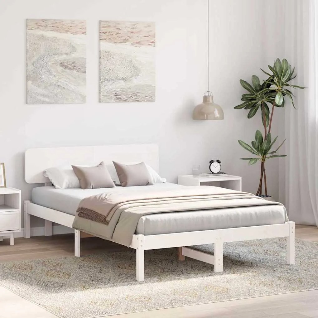 Cama com Cabeceira Branca 140 x 190 cm em Madeira de Pinho Sólido