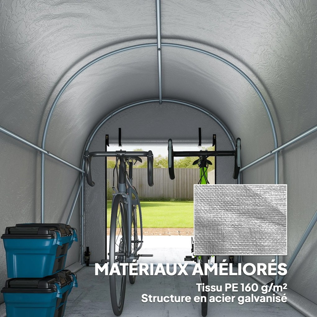 Abrigo de jardim 159 x 240 x 185 cm Tenda de armazenamento em aço galvanizado e LONA PE anti-UV de 160 g/m² para mota e cortador de relva Cinza claro