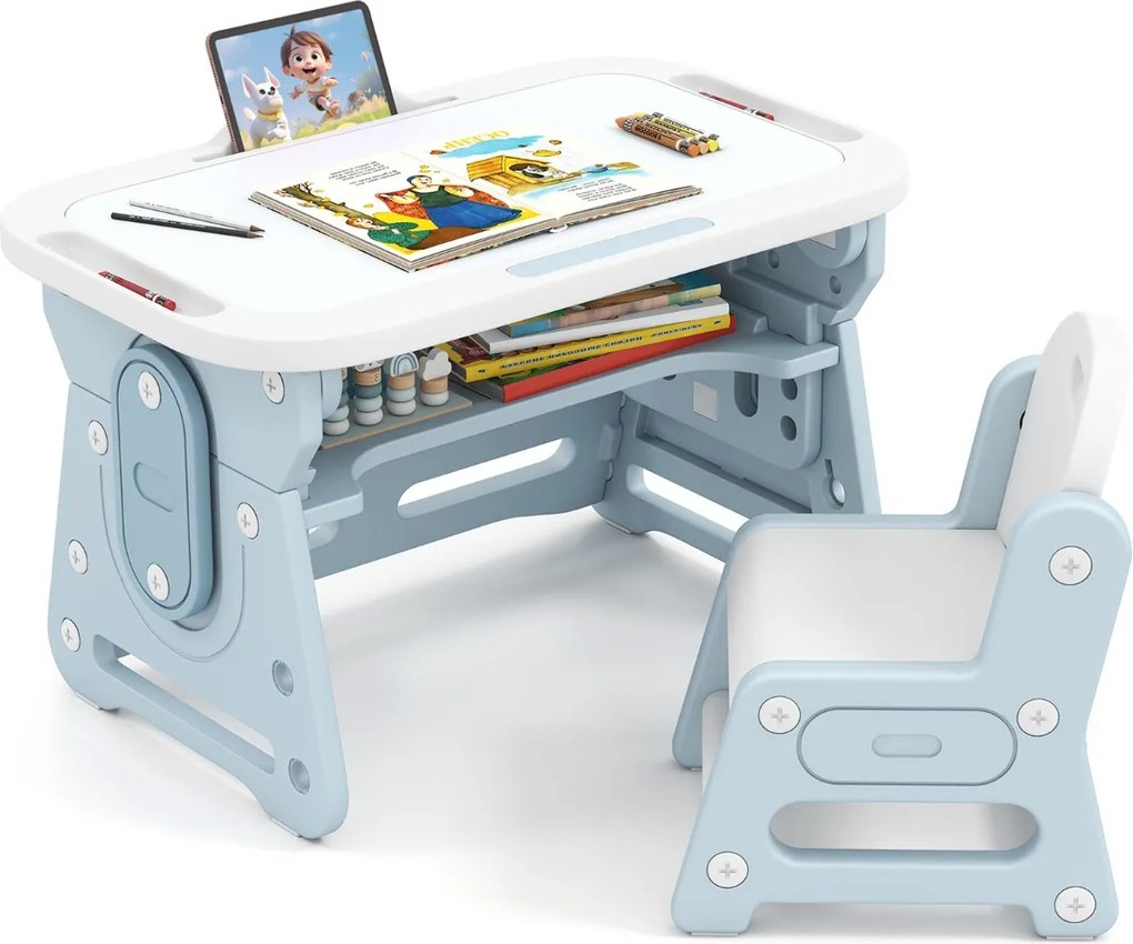 Conjunto de mesa e cadeira para crianças com quadro negro inclinado, suporte para livros e prateleira côncava para maiores de 3 anos, Azul