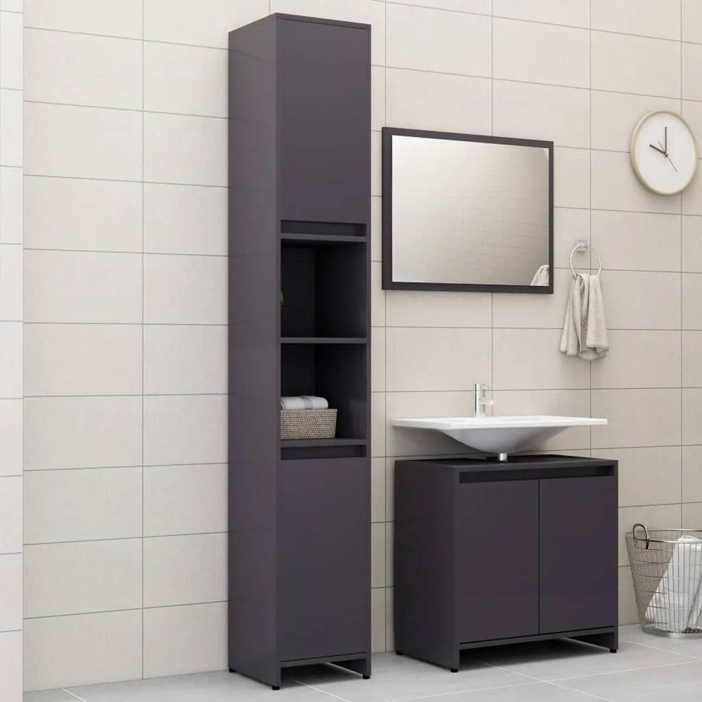 vidaXL 3 pcs conj. móveis casa de banho contraplacado cinza brilhante