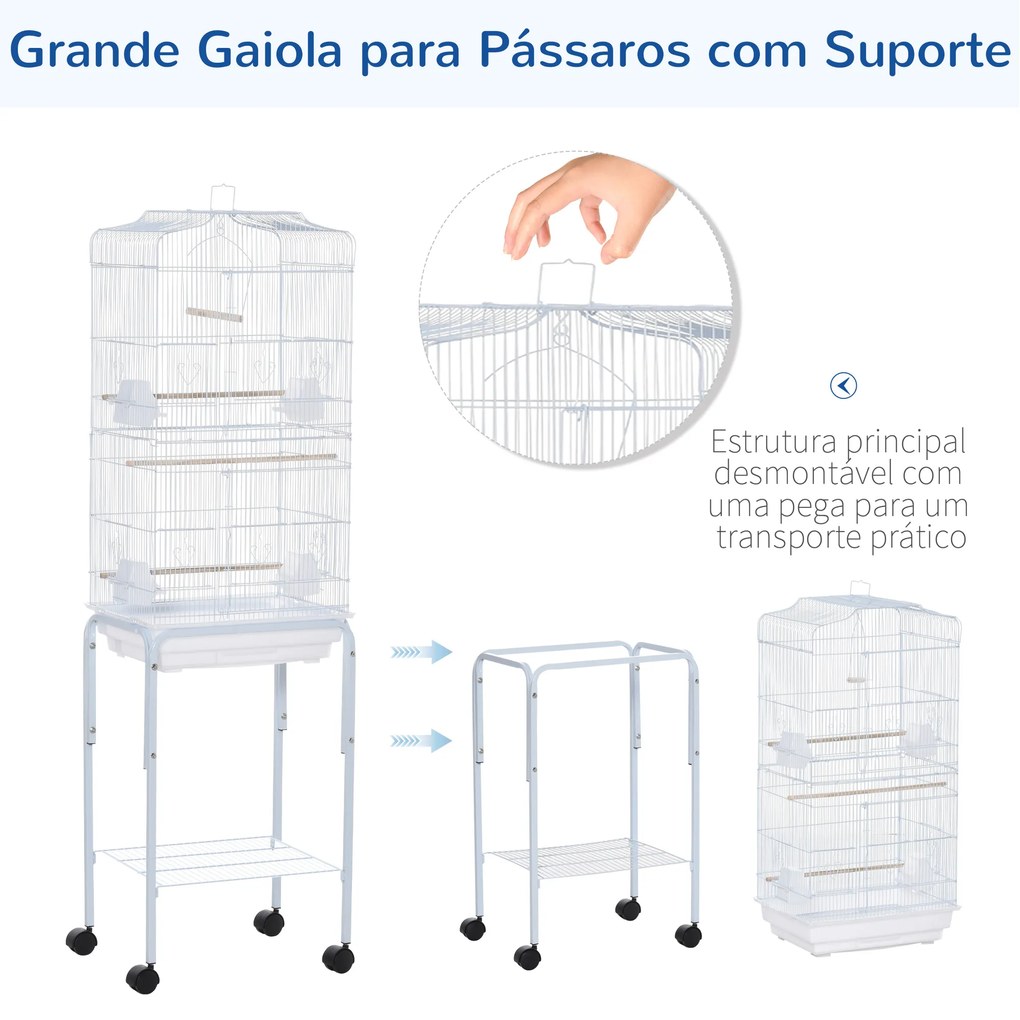 Gaiola para Passáros com Suporte Gaiola Metálica de Aves Canários com 4 Rodas Portas 4 Comedouros 3 Poleiros Bandeja Removível e Prateleira Inferior 4