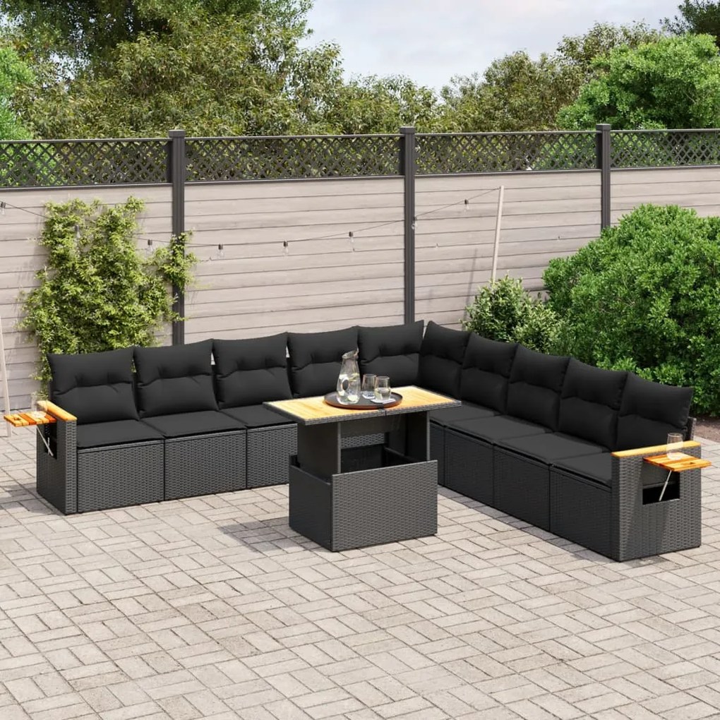 11 pcs conjunto sofás de jardim c/ almofadões vime PE preto