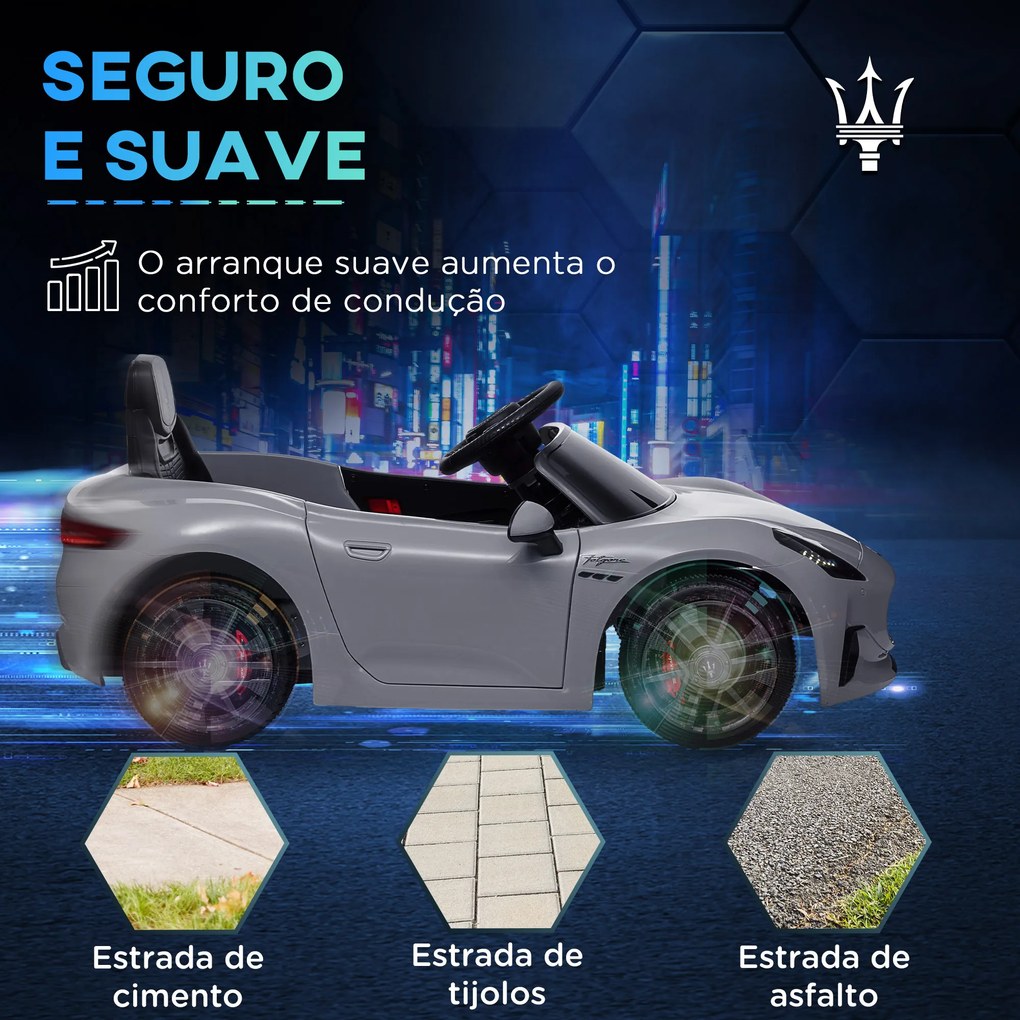 Carro Elétrico para Crianças Maserati Gran Turismo Folgore 12V Controlo Remoto Faróis Buzina e Música MP3 98x59x43 cm Cinza