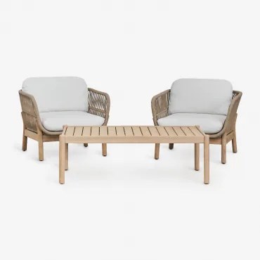 Conjunto De Sala Com 2 Poltronas Em Corda Trançada E Mesa De Centro Em Madeira De Acácia Karvia Marrom Acácia Claro & Tecido Branco - Sklum