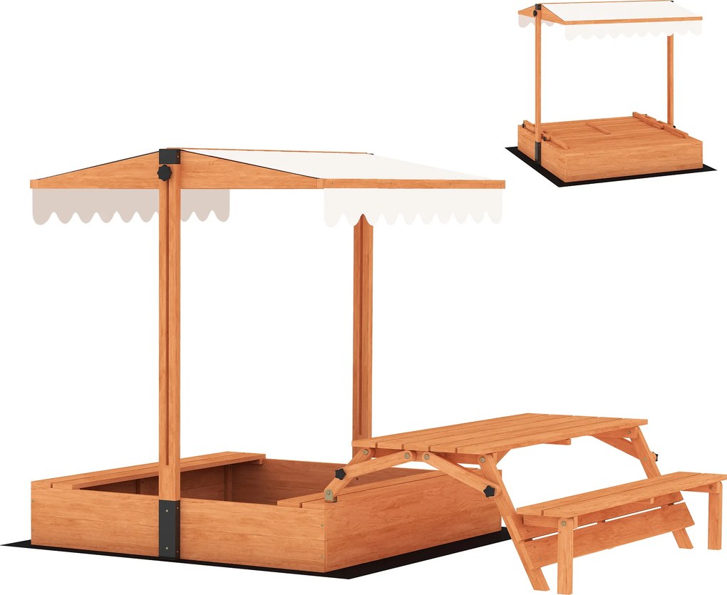 AIYAPLAY Caixa de Areia em Madeira para Crianças de 3-8 Anos com Toldo Ajustável Mesa de Piquenique com Bancos 184x110x120cm Castanho | Aosom Portugal