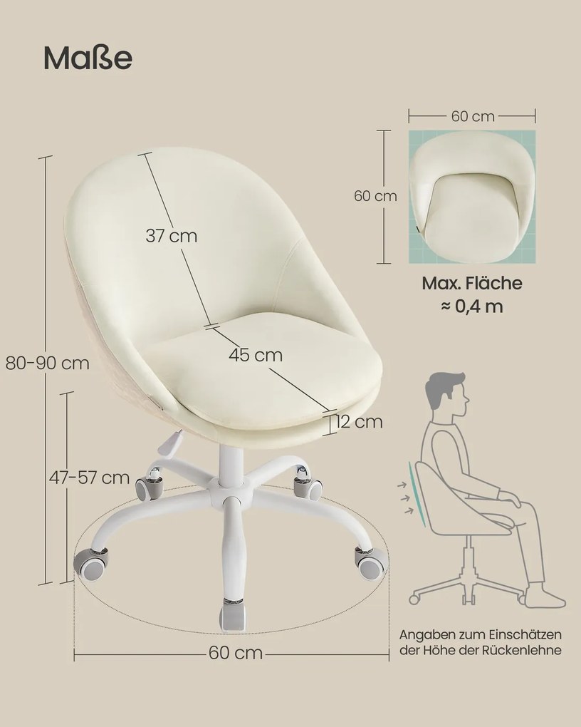 Cadeira de escritório, com altura ajustável e almofada estofada em branco creme