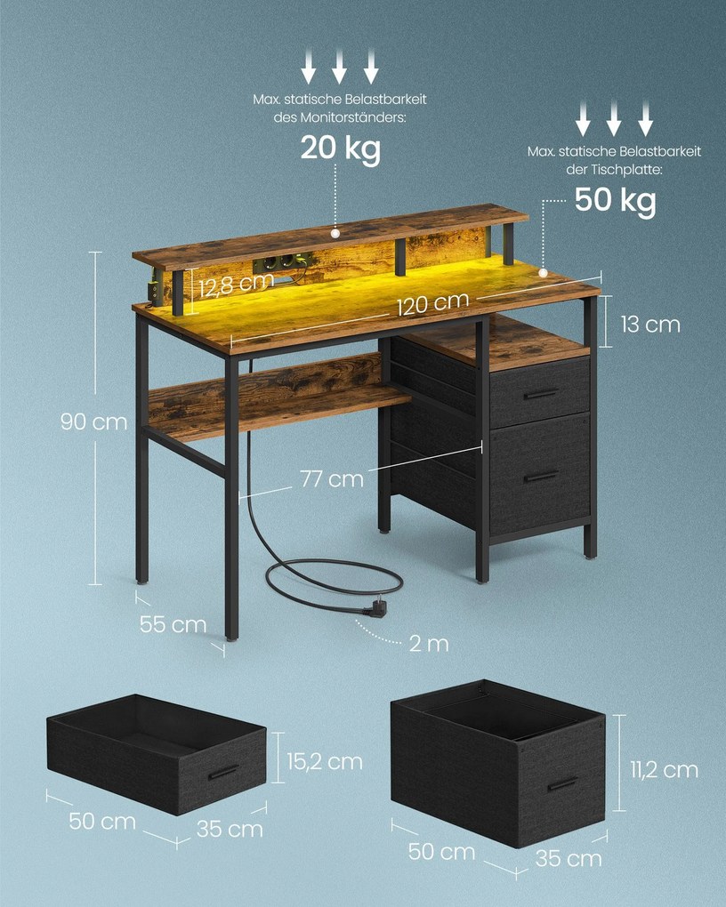 Secretária escritório com gavetas, com iluminação LED, 2 tomadas e 2 portas USB 120 x 90 x 55 Cm castanho vintage
