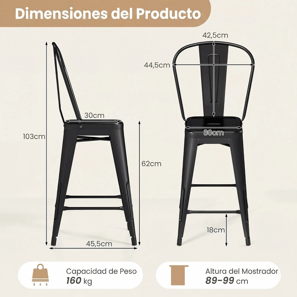 Conjunto de 4 Bancos de Bar com Encosto, 44,5 x 45,5 x 103 cm, Empilháveis, Preto
