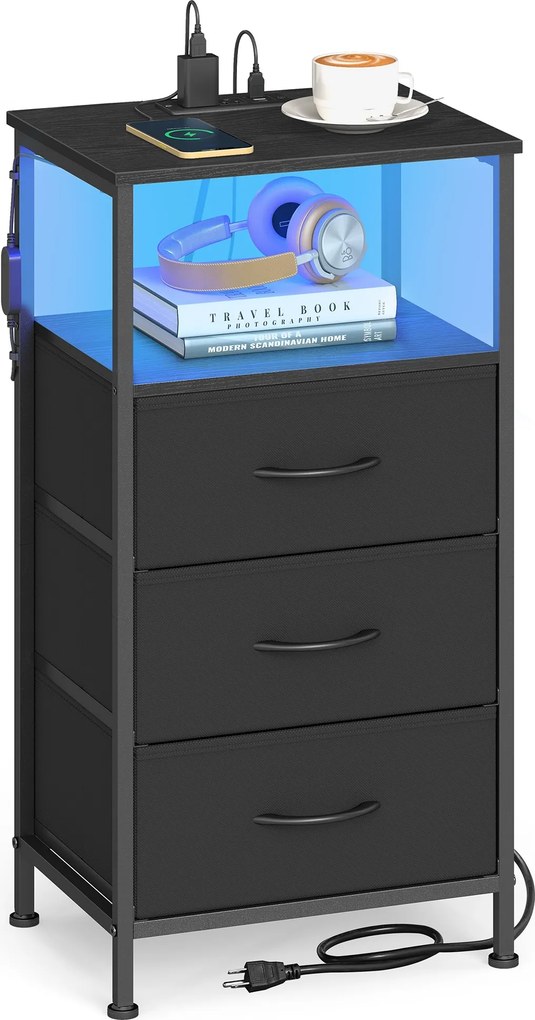 Mesa de cabeceira com tomada LED, 39,6 x 30 x 75,9 cm, 3 gavetas tecido Preta