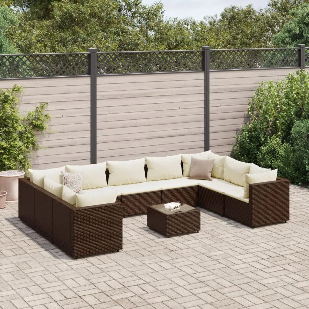 vidaXL 10 pcs conjunto lounge jardim c/ almofadões vime PE castanho
