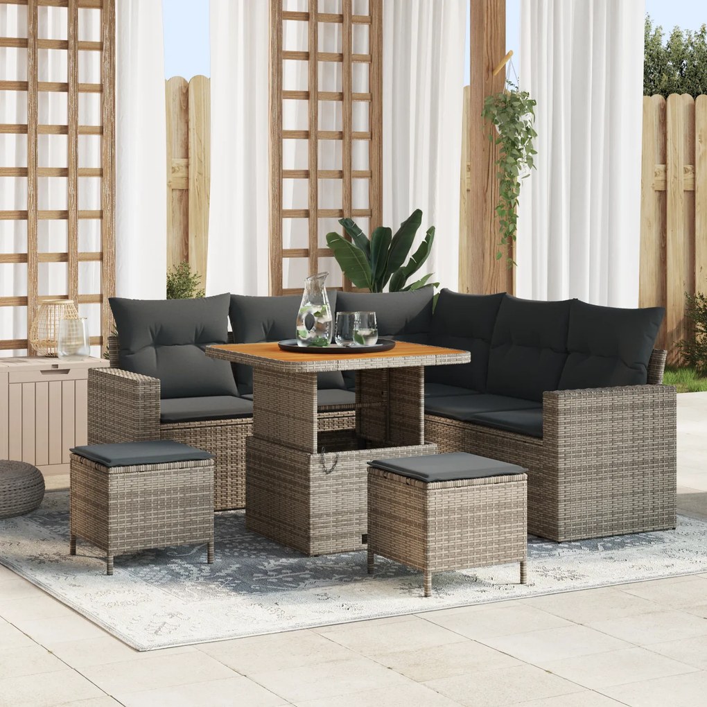 Conjunto de Sofá de Jardim de 8 Peças com Almofadas Cinza Polirattan A