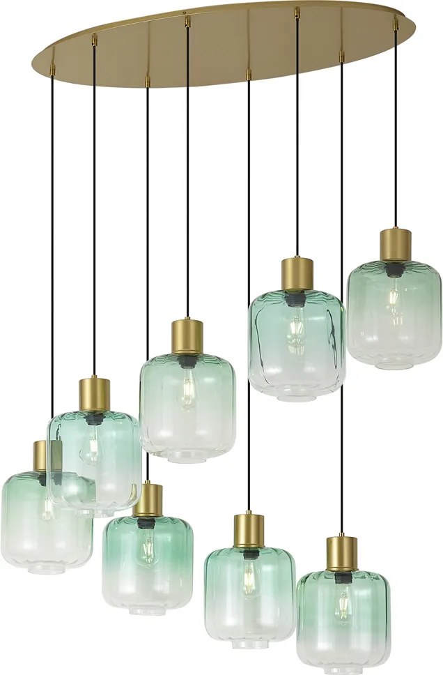 Candeeiro suspenso Hotel Chic latão com vidro azul e verde 8 luzes - Qara