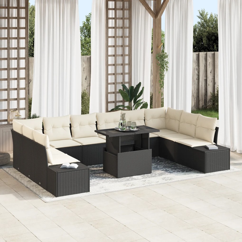 Conjunto de Sofás de Jardim de 11 Peças com Almofadas Preto em Rattan