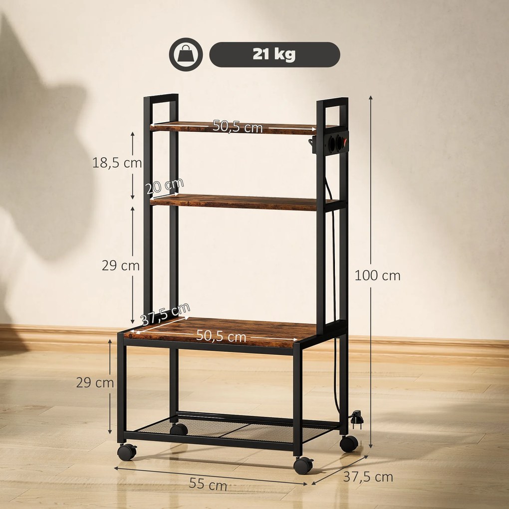 Suporte para Impressora com Estação de Carregamento Móvel para Impressora de 4 Níveis com Rodas e Estrutura Metálica 55x37,5x100 cm Castanho Rústico