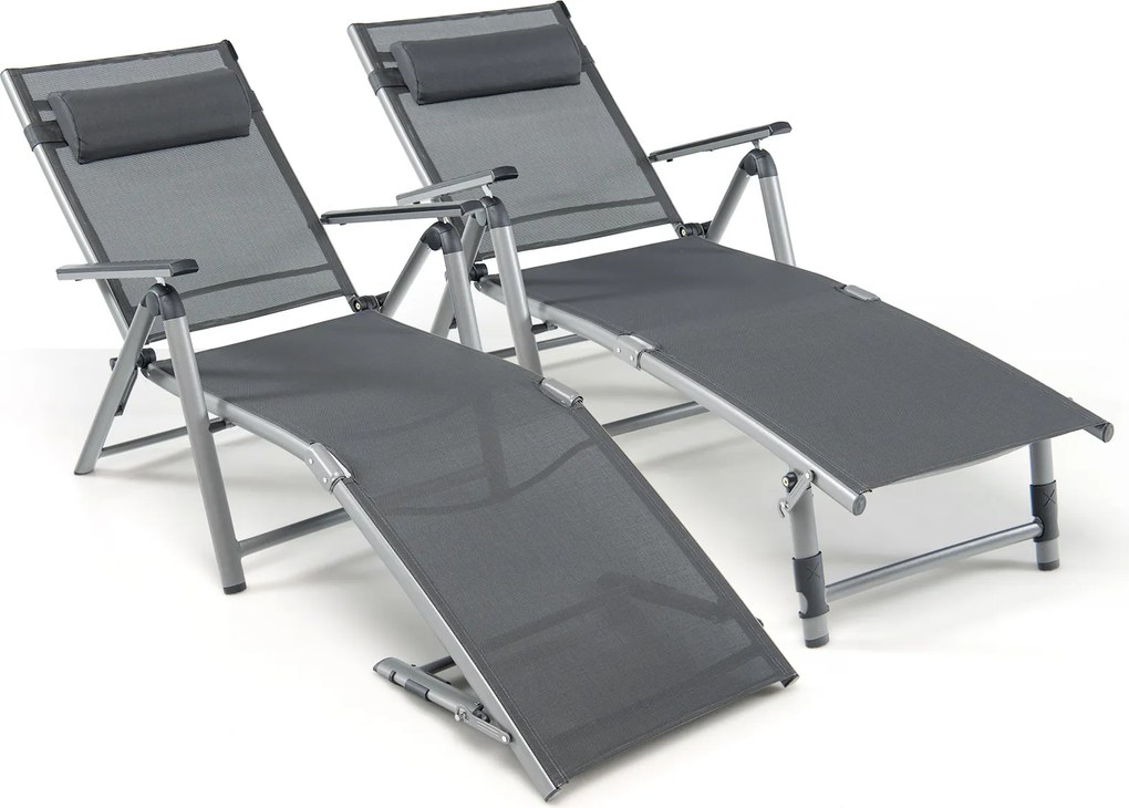 Conjunto de 2 Espreguiçadeiras de Exterior Reclináveis, 140,5 x 65 x 94 cm, 8 Posições Ajustáveis, Cinzento