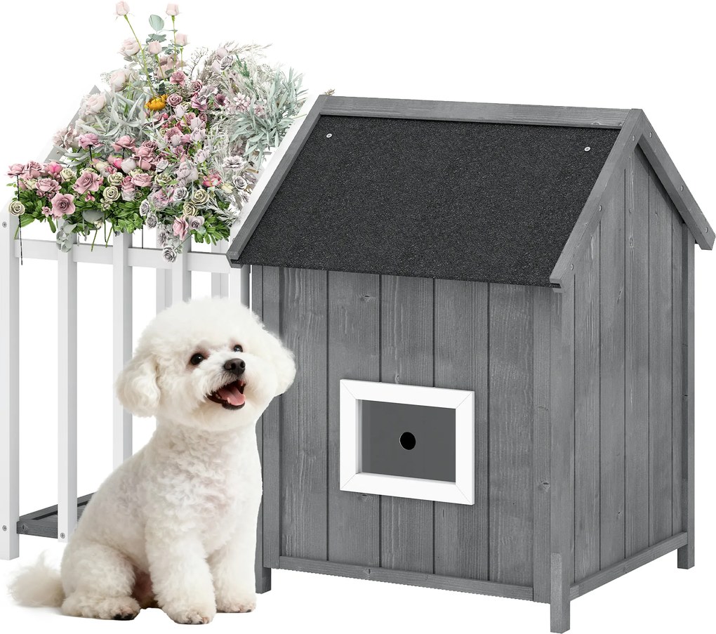 Casota com Compartimento aberto exterior para cães em madeira com terraço e porta de ripas, 106 x 62,5 x 80,5 cm, cinzenta