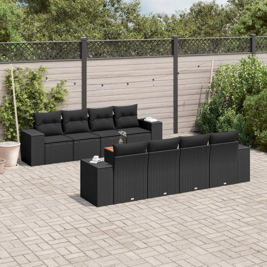 9 pcs conjunto de sofás p/ jardim c/ almofadões vime PE preto