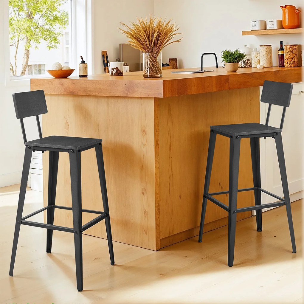 Conjunto de 2 bancos altos bar com encosto em Preto cinza + Preto